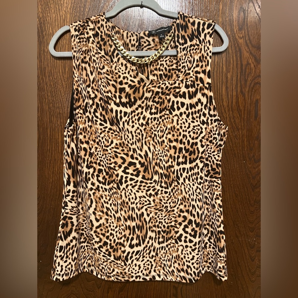 INC: Sleeveless Leopard Print Top - asymmetrical neckline w/ Chain Detail